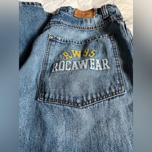 Rocawear Y2K 90’s Blue Denim Jeans Embroidered Accents Men's Wide Leg 34x32